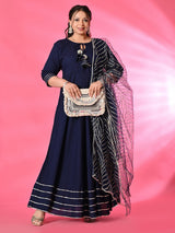 Plus Size Navy Blue Gota Rayon Anarkali with Dupatta