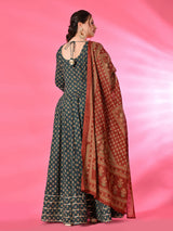 Plus Size Mehreen Blue Printed Anarkali Set with Rust Dupatta