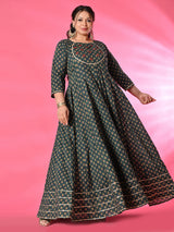 Plus Size Mehreen Blue Printed Anarkali Set with Rust Dupatta