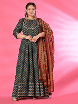 Plus Size Mehreen Blue Printed Anarkali Set with Rust Dupatta