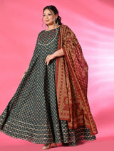 Plus Size Mehreen Blue Printed Anarkali Set with Rust Dupatta