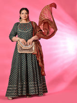 Plus Size Mehreen Blue Printed Anarkali Set with Rust Dupatta