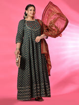 Plus Size Mehreen Blue Printed Anarkali Set with Rust Dupatta
