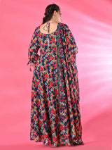 Plus Size Teal Blue Digital Printed Anarkali with Dupatta