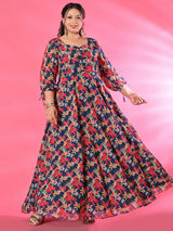 Plus Size Teal Blue Digital Printed Anarkali with Dupatta