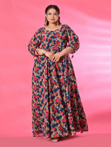 Plus Size Teal Blue Digital Printed Anarkali with Dupatta