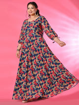 Plus Size Teal Blue Digital Printed Anarkali with Dupatta