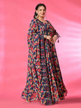 Plus Size Teal Blue Digital Printed Anarkali with Dupatta