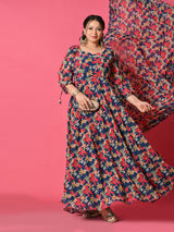 Plus Size Teal Blue Digital Printed Anarkali with Dupatta