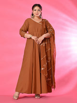 Plus Size Amber Glow Anarkali Set with Embroidered Dupatta