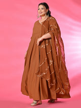 Plus Size Amber Glow Anarkali Set with Embroidered Dupatta