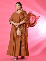 Plus Size Amber Glow Anarkali Set with Embroidered Dupatta