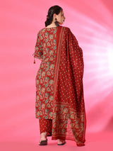 Plus Size Maroon Pure Cotton Printed Kurta Set with Dupatta