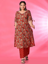 Plus Size Maroon Pure Cotton Printed Kurta Set with Dupatta