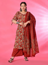 Plus Size Maroon Pure Cotton Printed Kurta Set with Dupatta