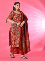 Plus Size Maroon Pure Cotton Printed Kurta Set with Dupatta
