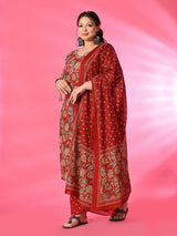 Plus Size Maroon Pure Cotton Printed Kurta Set with Dupatta