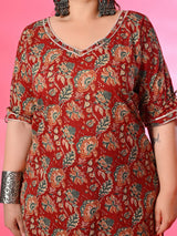 Plus Size Maroon Pure Cotton Printed Kurta Set with Dupatta