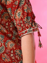 Plus Size Maroon Pure Cotton Printed Kurta Set with Dupatta