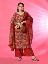 Plus Size Maroon Pure Cotton Printed Kurta Set with Dupatta