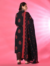 Plus Size Black Pure Cotton Printed Kurta Set with Dupatta