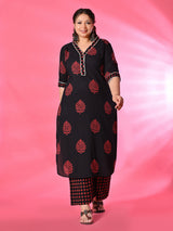Plus Size Black Pure Cotton Printed Kurta Set with Dupatta