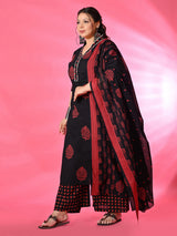 Plus Size Black Pure Cotton Printed Kurta Set with Dupatta