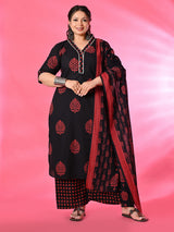Plus Size Black Pure Cotton Printed Kurta Set with Dupatta