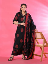 Plus Size Black Pure Cotton Printed Kurta Set with Dupatta