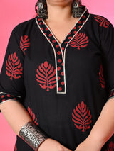 Plus Size Black Pure Cotton Printed Kurta Set with Dupatta