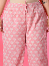 Plus Size Pink Pure Cotton Angrakha Kurta Pant Set with Dupatta