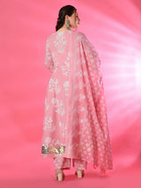 Plus Size Pink Pure Cotton Angrakha Kurta Pant Set with Dupatta