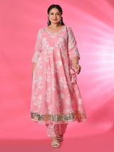 Plus Size Pink Pure Cotton Angrakha Kurta Pant Set with Dupatta