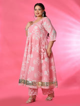 Plus Size Pink Pure Cotton Angrakha Kurta Pant Set with Dupatta