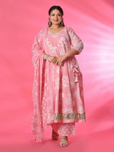 Plus Size Pink Pure Cotton Angrakha Kurta Pant Set with Dupatta