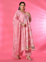 Plus Size Pink Pure Cotton Angrakha Kurta Pant Set with Dupatta