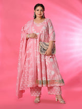 Plus Size Pink Pure Cotton Angrakha Kurta Pant Set with Dupatta