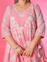 Plus Size Pink Pure Cotton Angrakha Kurta Pant Set with Dupatta