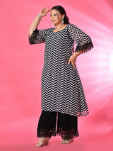 Plus Size Black Geometric Georgette Kurta Palazzo Set