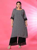 Plus Size Black Geometric Georgette Kurta Palazzo Set