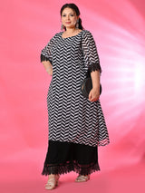 Plus Size Black Geometric Georgette Kurta Palazzo Set
