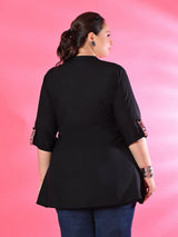 Plus Size Black Pleated Tunic with Maroon Yoke Detailing
