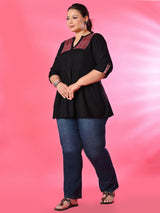 Plus Size Black Pleated Tunic with Maroon Yoke Detailing