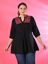 Plus Size Black Pleated Tunic with Maroon Yoke Detailing