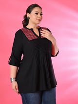 Plus Size Black Pleated Tunic with Maroon Yoke Detailing