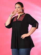 Plus Size Black Pleated Tunic with Maroon Yoke Detailing
