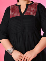 Plus Size Black Pleated Tunic with Maroon Yoke Detailing