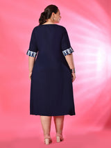 Plus Size Navy Blue A-Line Dress with Printed Sleeve Detail