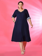 Plus Size Navy Blue A-Line Dress with Printed Sleeve Detail