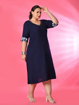 Plus Size Navy Blue A-Line Dress with Printed Sleeve Detail
